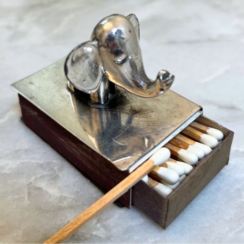 Antique Hagenauer Art Deco Silver & Silver Plated Elephant Matchbox Holder
